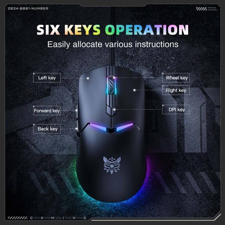 Onikuma CW929 Wired Gaming Mouse USB Connection 6400 DPI RGB Light 1.6 Meter Cable - Black