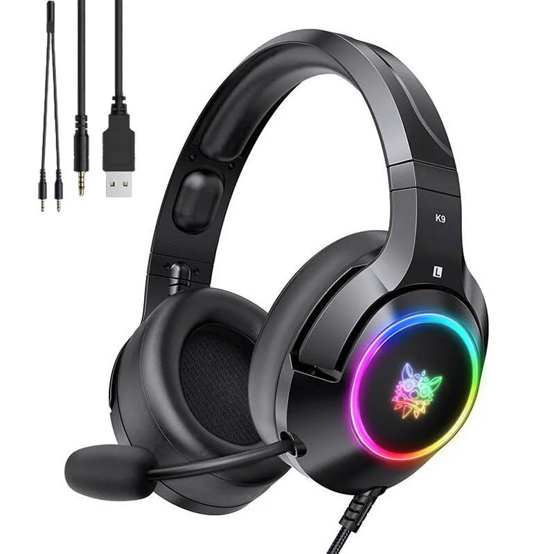 ONIKUMA K9 Wired Gaming Headset with RGB Lighting, Built-in Mic, USB and 3.5mm Connection, and 2.2m Cable – Black
